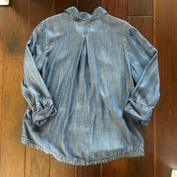 Chico's 3 Blue chambray style V-neck 3/4 sleeve long tunic shirt relaxed fit - Picture 7 of 7